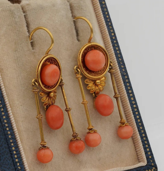Antique Victorian Etruscan Revival Coral and Gold Pendant Earrings
