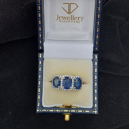 Oval Sapphire and Diamond Three Stone Cluster Dress Ring