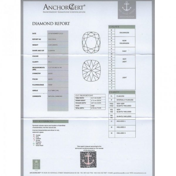 1.64ct Cushion Old Cut Diamond Solitaire Engagement Ring in Platinum, K colour VS1 clarity, with certificate