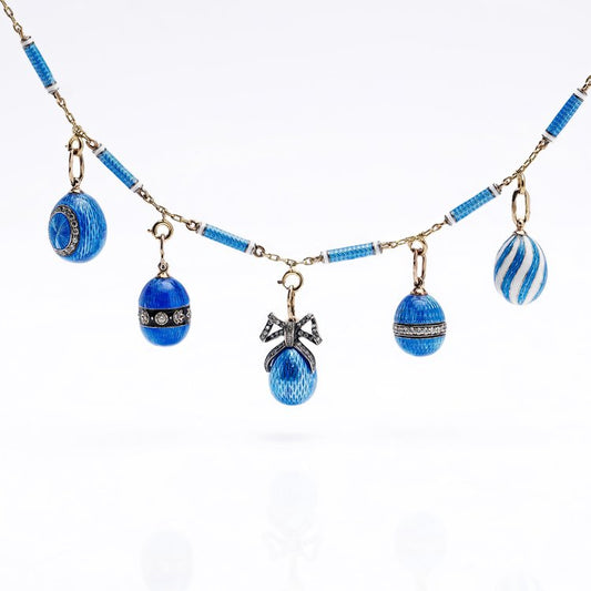 Vintage Gold and Blue Enamel Russian Egg Necklace