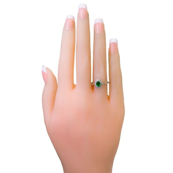 Vintage Platinum Emerald and Diamond Oval Cluster Ring, 0.35 Carat