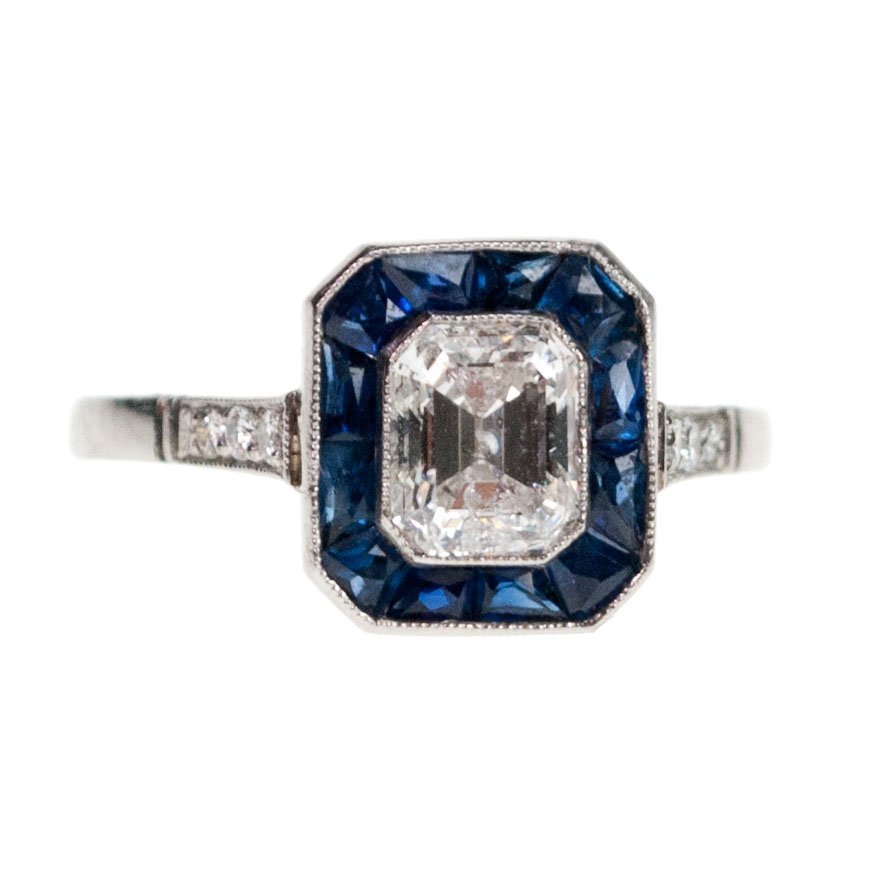 Vintage Emerald Cut Diamond and Sapphire Target Cluster Ring, 1.85cts