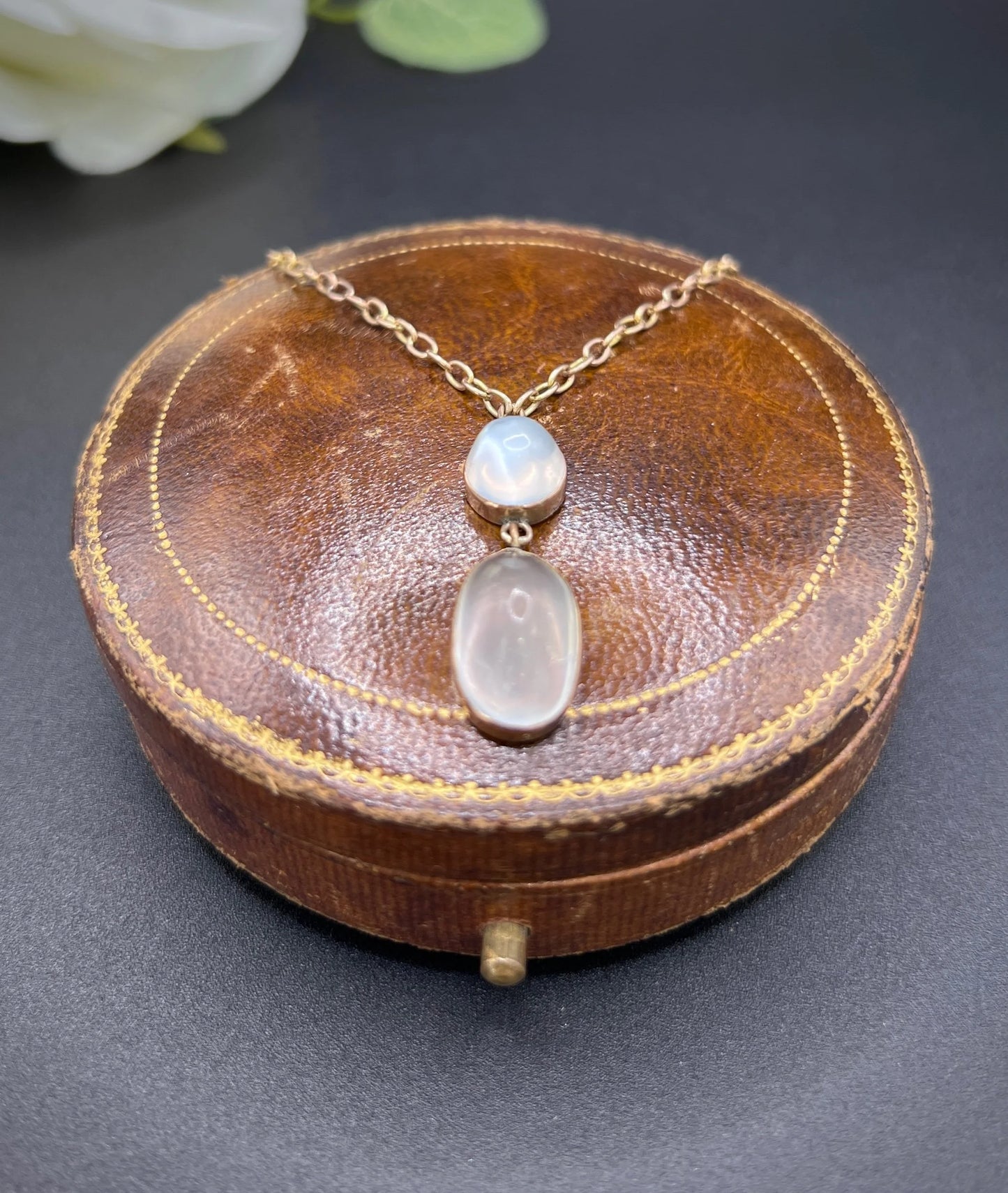 Antique 9 ct Rose Gold, Edwardian Cabochon Moonstone Pendant Necklace