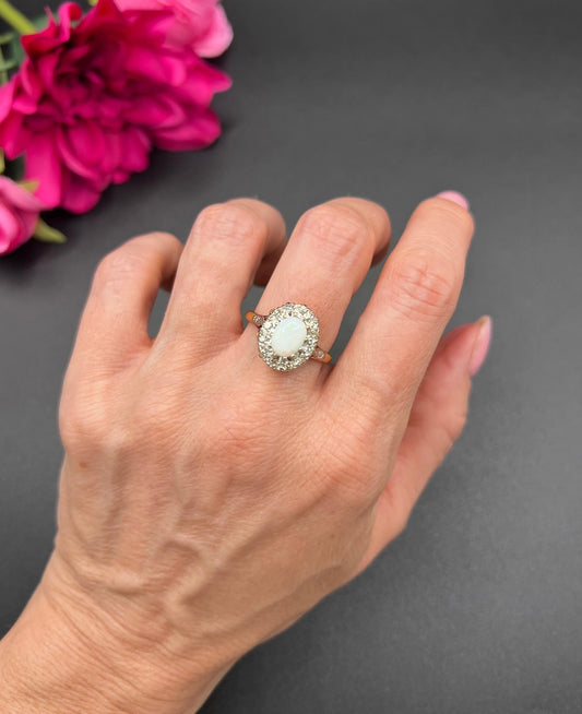 Vintage 18 Carat Yellow Gold Opal and Diamond Oval Cluster Ring, Hallmarked 1963