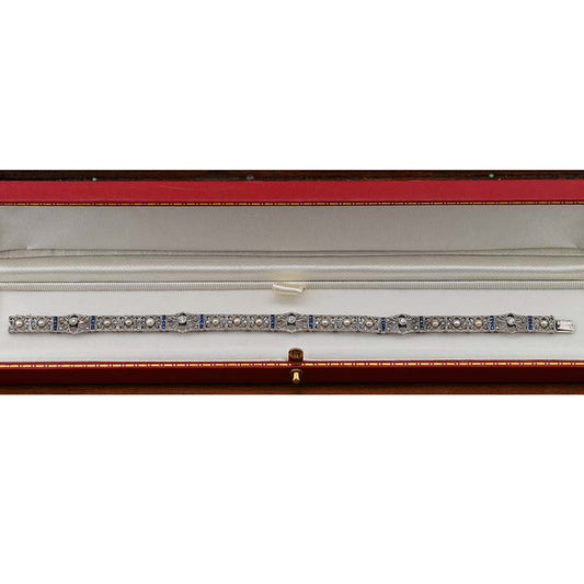 Edwardian Antique Natural Pearl Diamond and Sapphire Filigree Bracelet
