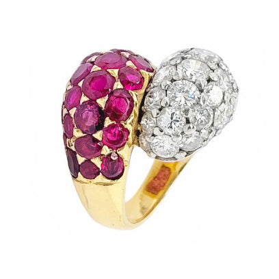 Vintage 6ct Natural Ruby and 6ct Old European Cut Diamond Crossover Bombe Ring in 18ct Yellow Gold
