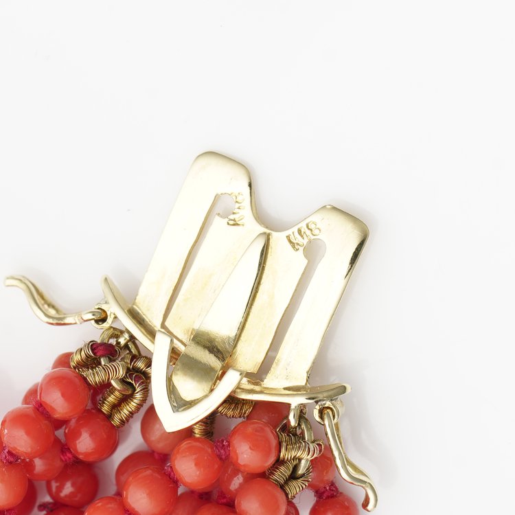 Multi Strand Coral Bead Necklace with 18ct Yellow Gold Egyptian Revival Clasp with Lapis Lazuli Old Cut Diamond Ruby and Sapphire