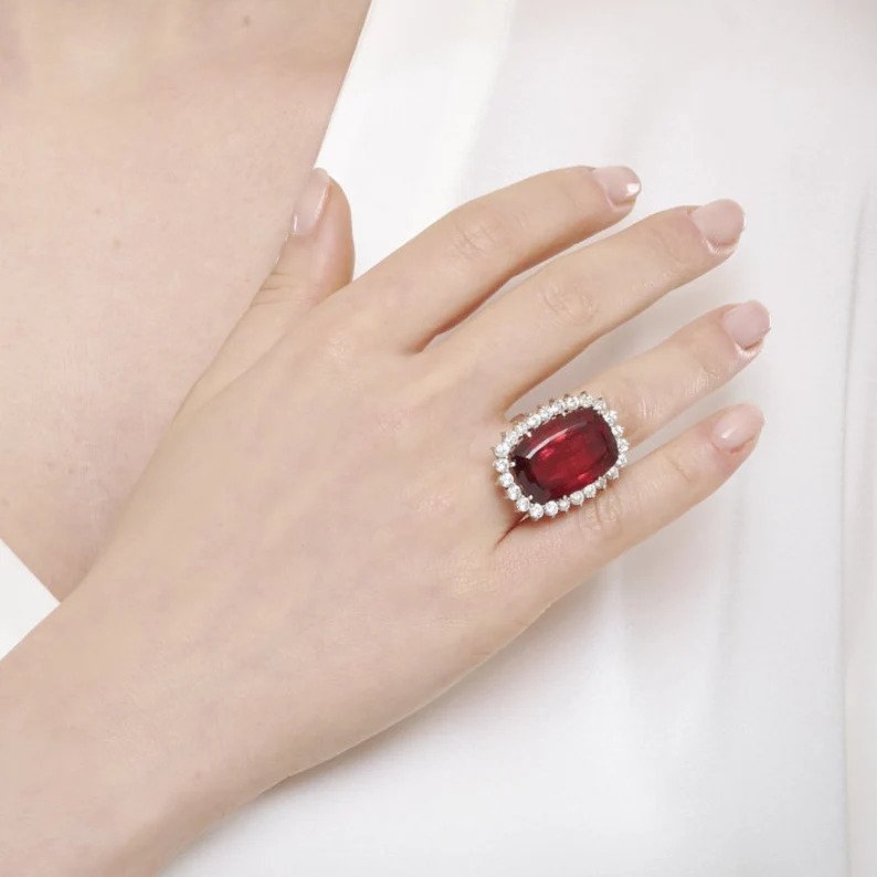 Vintage 25ct Rubellite and Diamond Cluster Cocktail Ring
