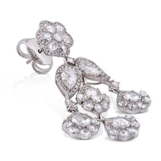 Rose Cut Diamond Floral Chandelier Earrings, 7.71cts, 18ct White Gold