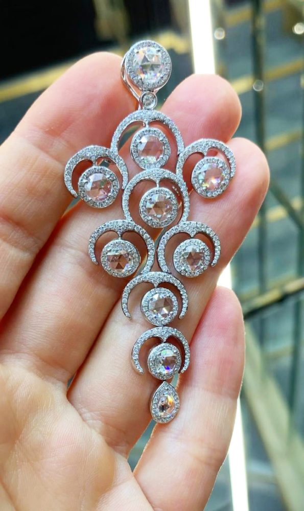 Rose Cut Diamond Chandelier Earrings, 9.20 carats, 18ct White Gold