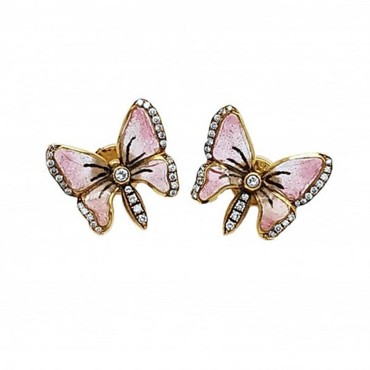 Pink Plique-a-Jour Enamel and Diamond Butterfly Earrings