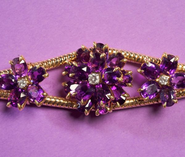 Vintage 1950s Amethyst and Diamond Flower Set Gold Rope Bracelet
