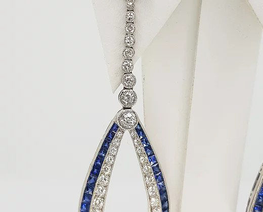Pair of Contemporary Sapphire, Diamond and Platinum Drop Earrings