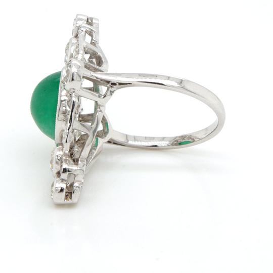 Art Deco 4ct Cabochon Emerald, Diamond and Platinum Cluster Plaque Ring; navette-style ring featuring a 4ct cabochon emerald within diamond-shaped surround of 2.40cts old cut diamonds