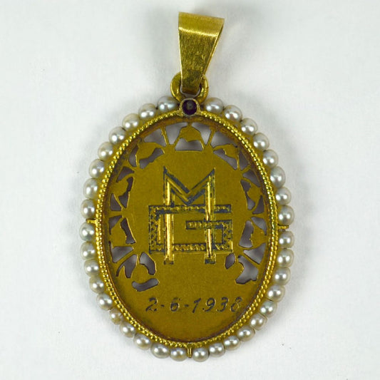 Vintage French 18ct Yellow Gold Virgin Mary Pendant with Pearls