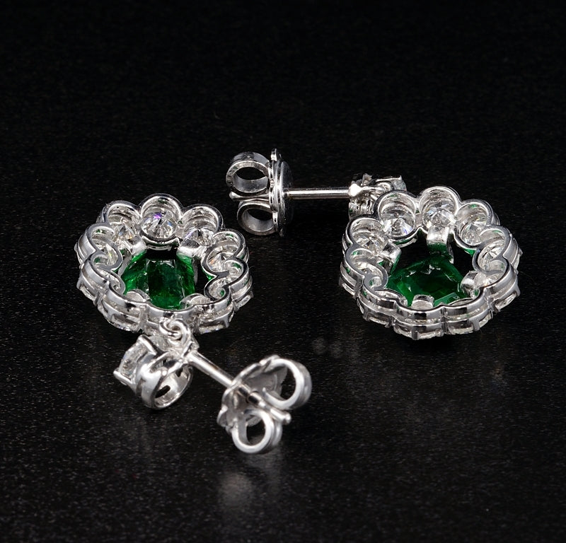 Vintage 2ct Natural Zambian Emerald and 4.5ct Diamond Cluster Drop Earrings in Platinum