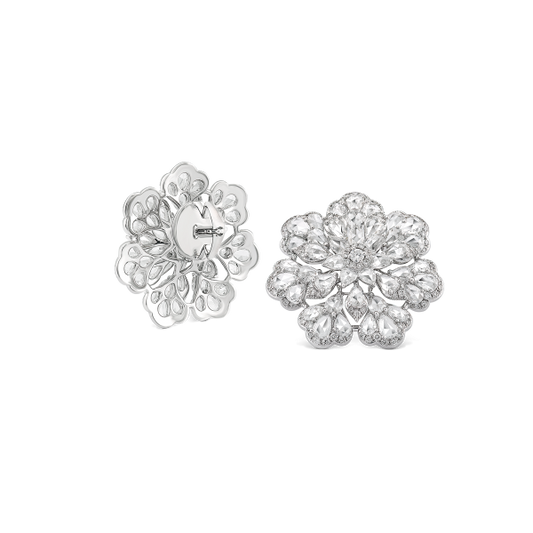 Rose Cut Diamond Floral Cluster Earrings; set with 4.29 carats of exclusive pear-shaped rose-cut diamonds. Crafted in 18ct white gold.