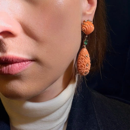 F. Moroni 18 Carat Gold Carved Coral, Emerald And Diamond Earrings