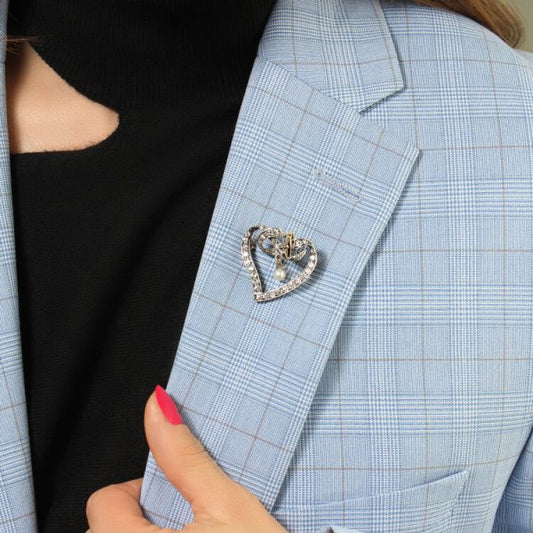 Art Deco Old Cut Diamond Heart Brooch with Natural Pearl