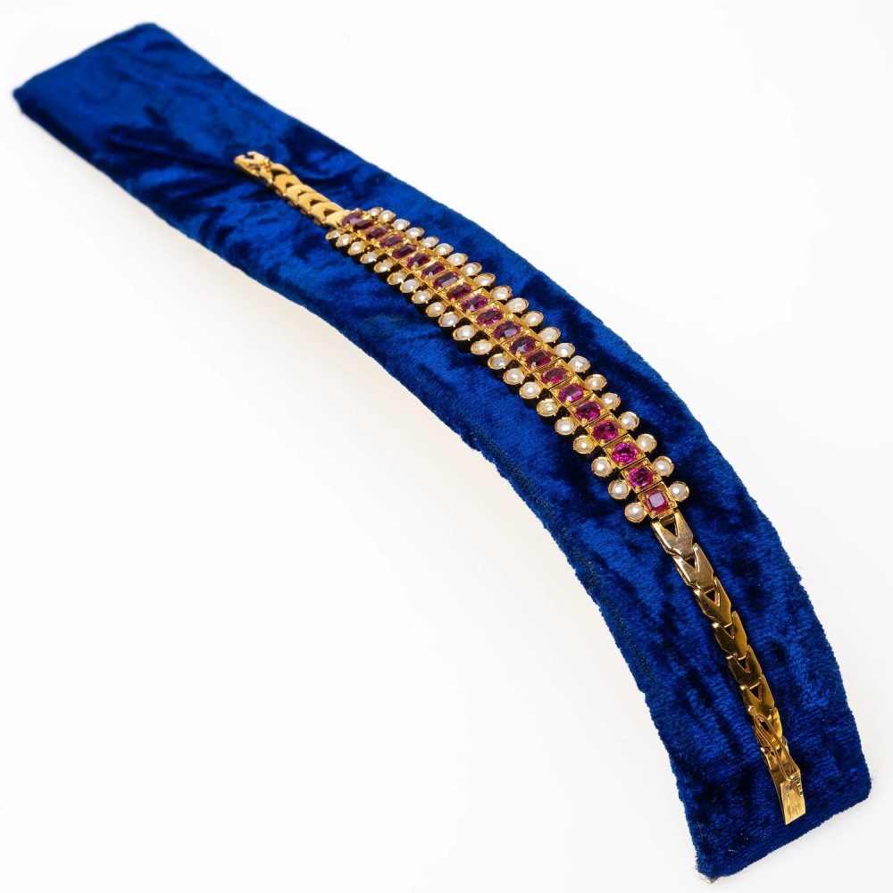 Antique Certified Burma Ruby and Pearl Gold Bracelet in 18ct Yellow Gold