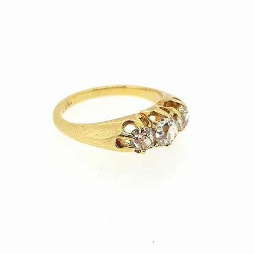 Traditional Old Cut Diamond Three Stone Ring, 1.00 carat total, in 18ct yellow gold.