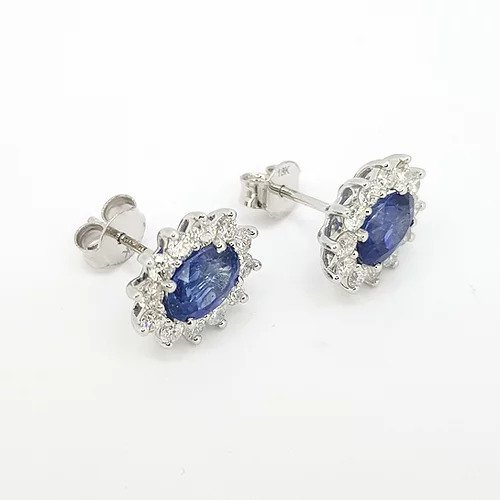 Classic Pair of Sapphire and Diamond Oval Cluster Stud Earrings