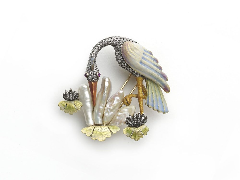Enamel Crane Bird Brooch with Diamonds and Pearls