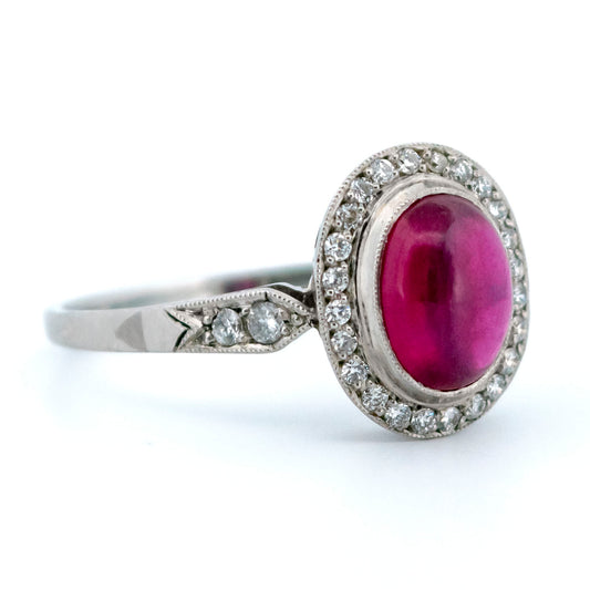 Vintage Platinum, Cabochon Cut Ruby and Diamond Halo Cluster Ring