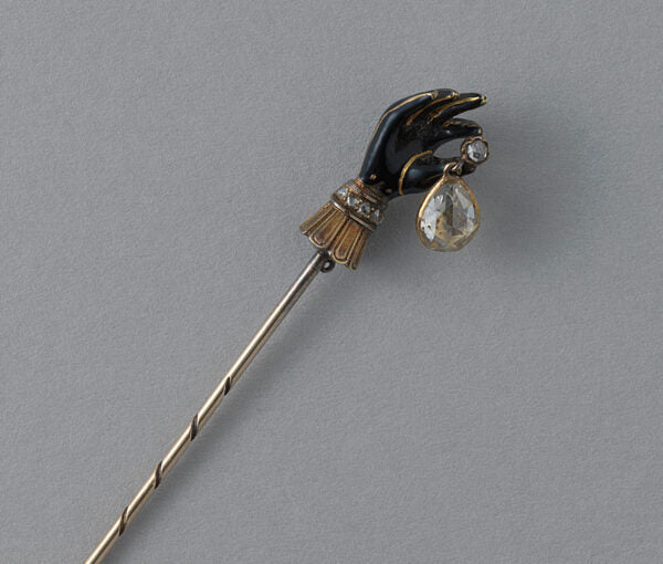 Antique Victorian Enamel and Diamond Gloved Hand Stickpin Brooch; rare 19th century neo-Renaissance stickpin or ear iron featuring a gloved hand decorated with black enamel and diamonds