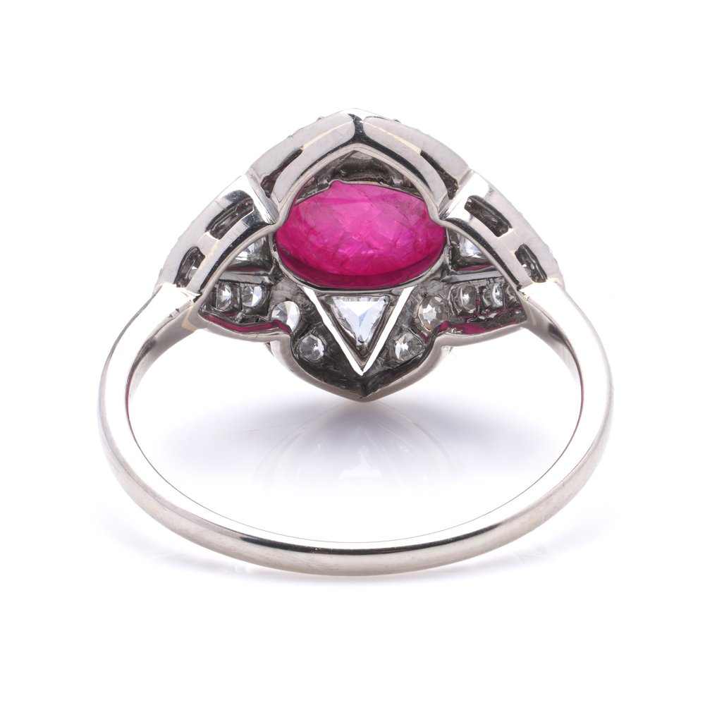 Art Deco Inspired Vintage Cabochon Ruby and Diamond Star Cluster Ring