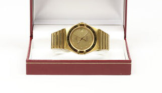 Omega Constellation 18ct Yellow Gold 35mm Chronometer Automatic, gold colour dial, date indicator, yellow gold fixed bezel, black Roman numerals, skeleton back, 18ct yellow gold bracelet with matching 18ct push-button clasp