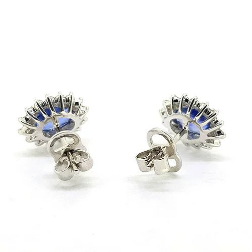 3.46ct Sapphire and Diamond Oval Cluster Stud Earrings in 18ct White Gold