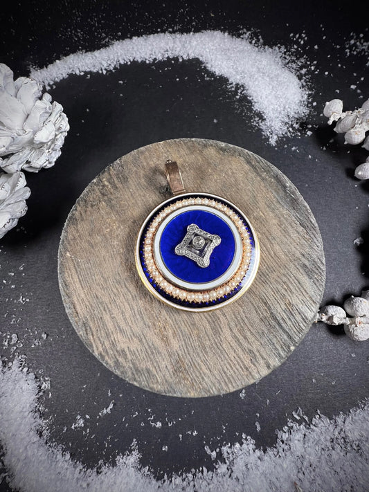 Antique 15 Carat Gold Guilloche Enamel, Diamond, Pearl and Rock Crystal Locket Pendant
