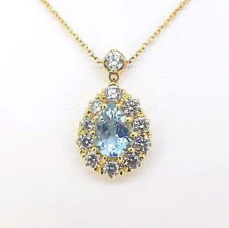 Aquamarine and Diamond Pear Shaped Cluster Pendant, 2.85 carat total, set in 18ct yellow gold