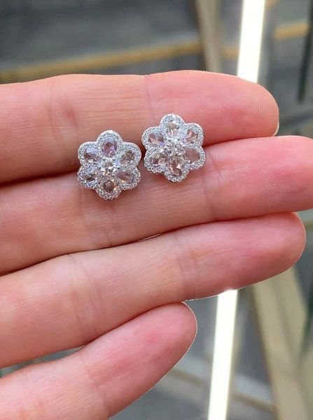 Rose Cut Diamond Daisy Blossom Flower Cluster Stud Earrings, 1.75 carats