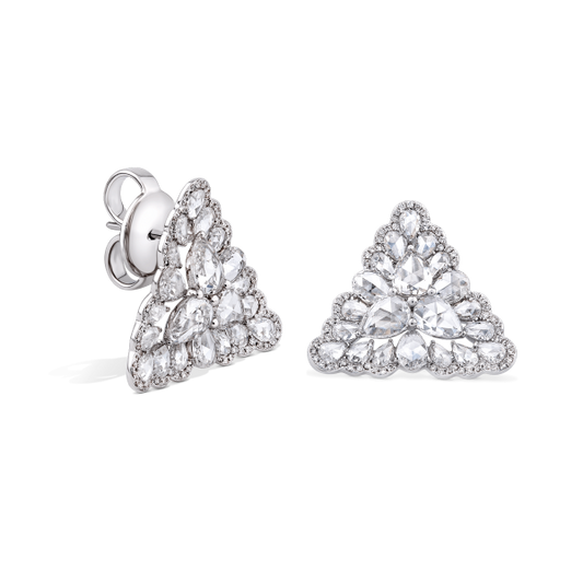 Rose Cut Diamond Triangular Petal Stud Earrings; set with 3.81 carats pear-shaped rose-cut diamonds accented by 150 micro-pave set round brilliant-cut diamonds, in 18ct white gold
