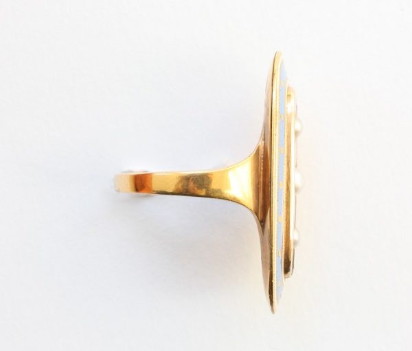 Antique Georgian Blue Enamel, Natural Pearl and 18ct Yellow Gold Oval Mourning Ring, engraved on reverse, England, 18th century.