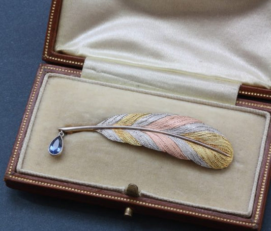 Antique Sapphire, Platinum and Gold Feather Quill Pen Brooch