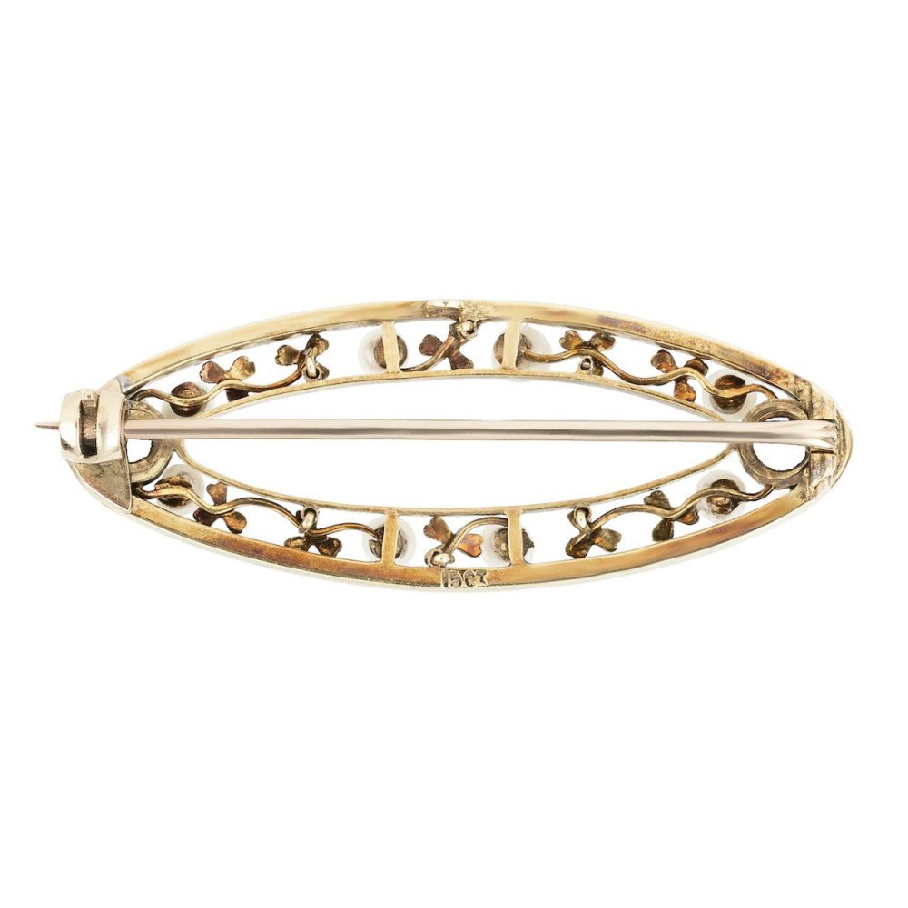 Art Nouveau Amethyst Pearl and White Enamel Brooch in 15ct Yellow Gold