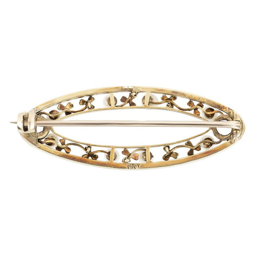 Art Nouveau Amethyst Pearl and White Enamel Brooch in 15ct Yellow Gold