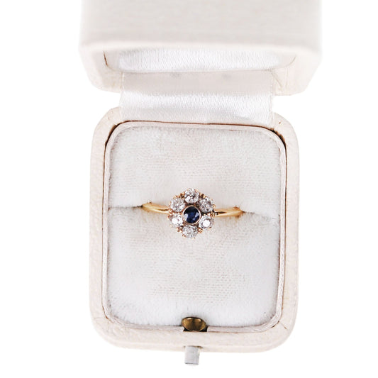 Victorian 18 Carat Gold Sapphire and Old Mine Cut Diamond Cluster Ring