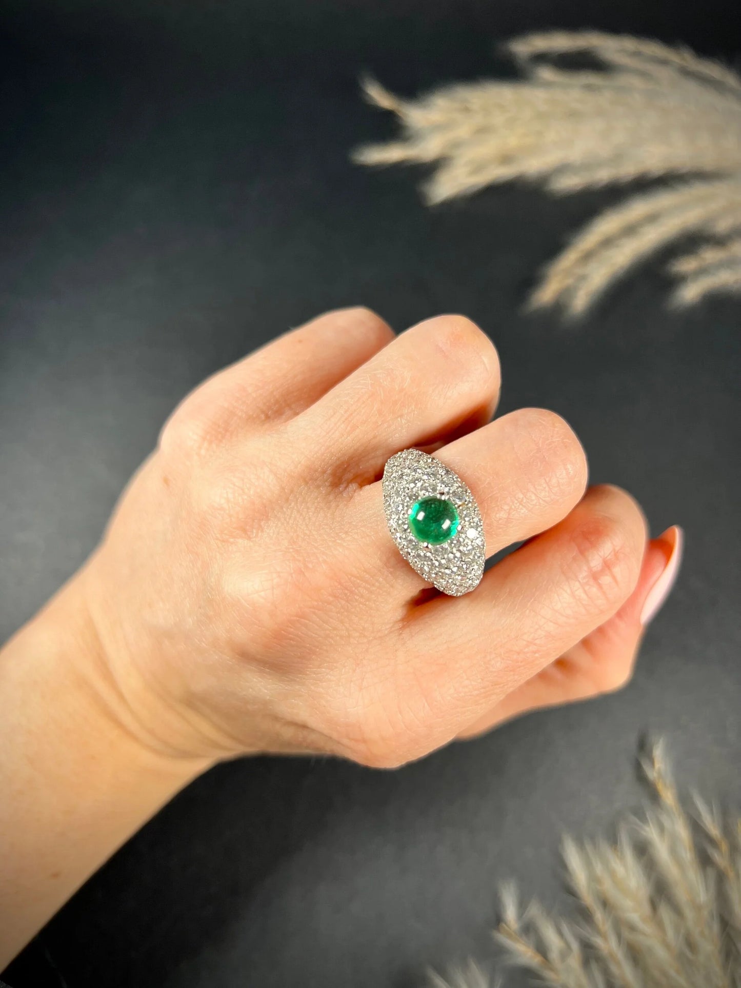 Vintage French Cabochon Emerald and Diamond Cluster Bombe Ring, Circa 1940s