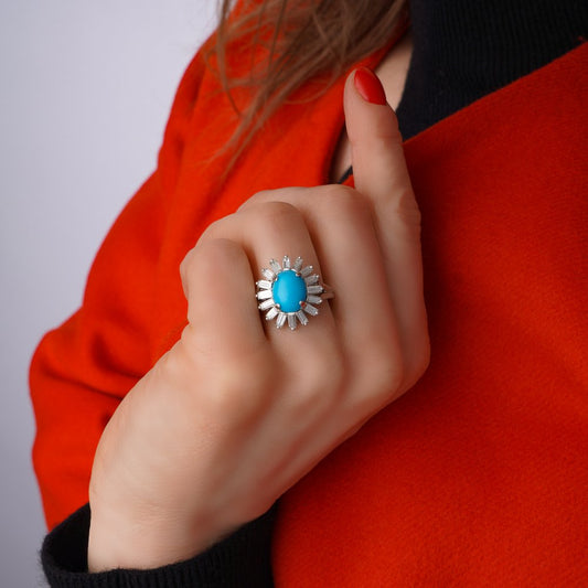 Vintage 2ct Cabochon Turquoise and 1.28ct Baguette Diamond Cluster Ring by Aldao