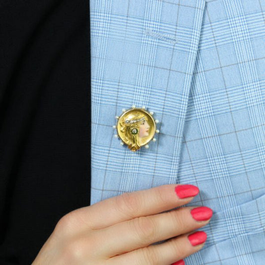 Art Nouveau Gold and Enamel Brooch / Pendant with Diamonds and Natural Pearls