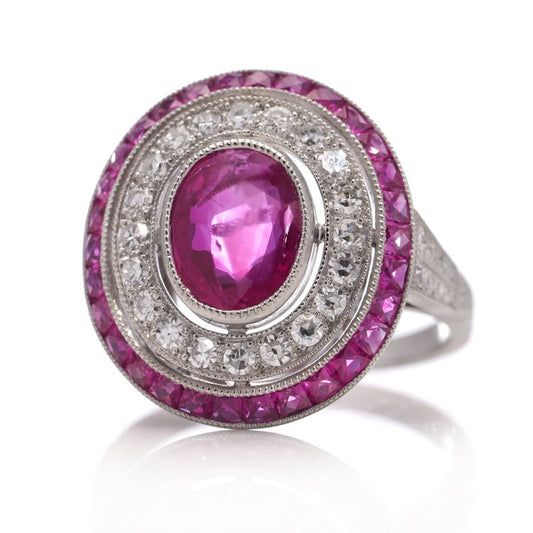 1.66ct Oval Ruby and Diamond Double Cluster Dress Ring
