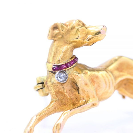 Antique Victorian 18ct Yellow Gold Dog Brooch with Diamond and Rubies