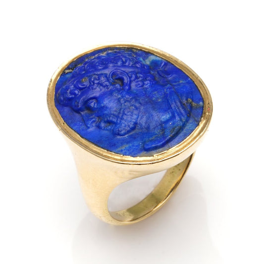 Antique Ancient Roman Emperor Lapis Lazuli and Gold Signet Ring; Second Century AD Roman Empire carved lapis lazuli depicting the iconic Hadrian Roman Emperor with later 18ct yellow gold shank