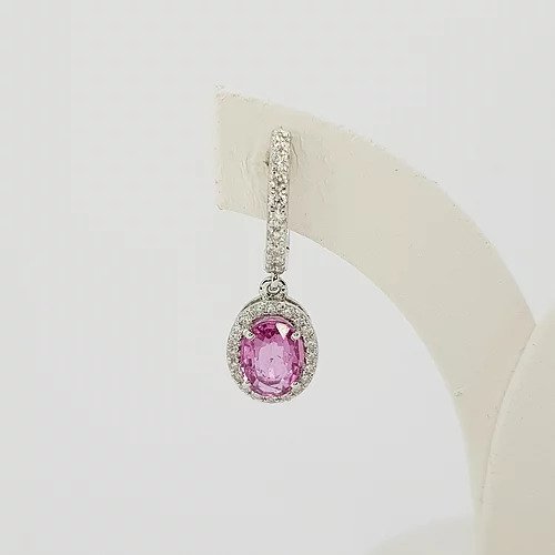 Pink Sapphire and Diamond Oval Cluster Drop Earrings; 2.01cts oval faceted pink sapphires surrounded by diamonds, diamond set drop, in 18ct white gold