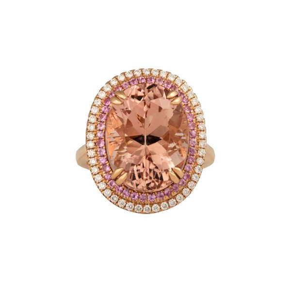 Morganite Ring with Pink Sapphire and Diamond Border, 18ct Rose Gold