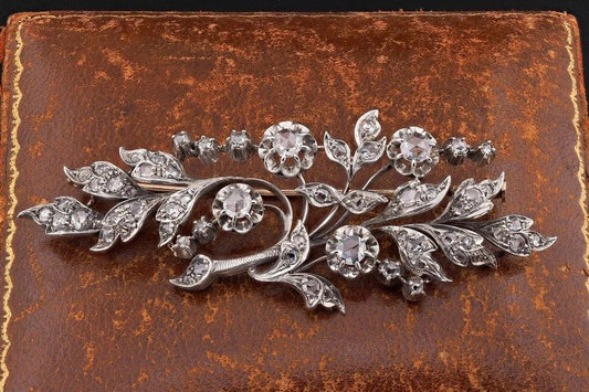 Antique Victorian 3.6ct Rose Cut Diamond Floral Spray Brooch